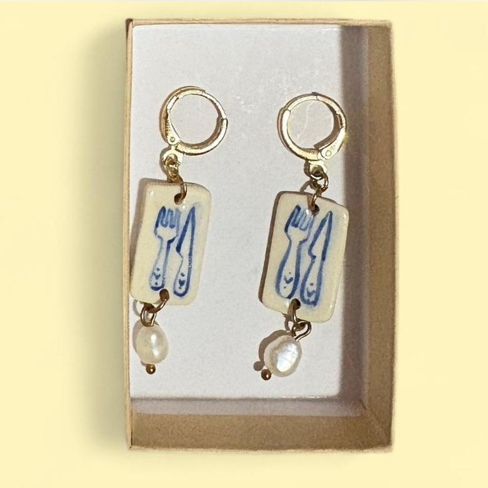 Hand painted ceramic blue / white fork & knife tile earrings